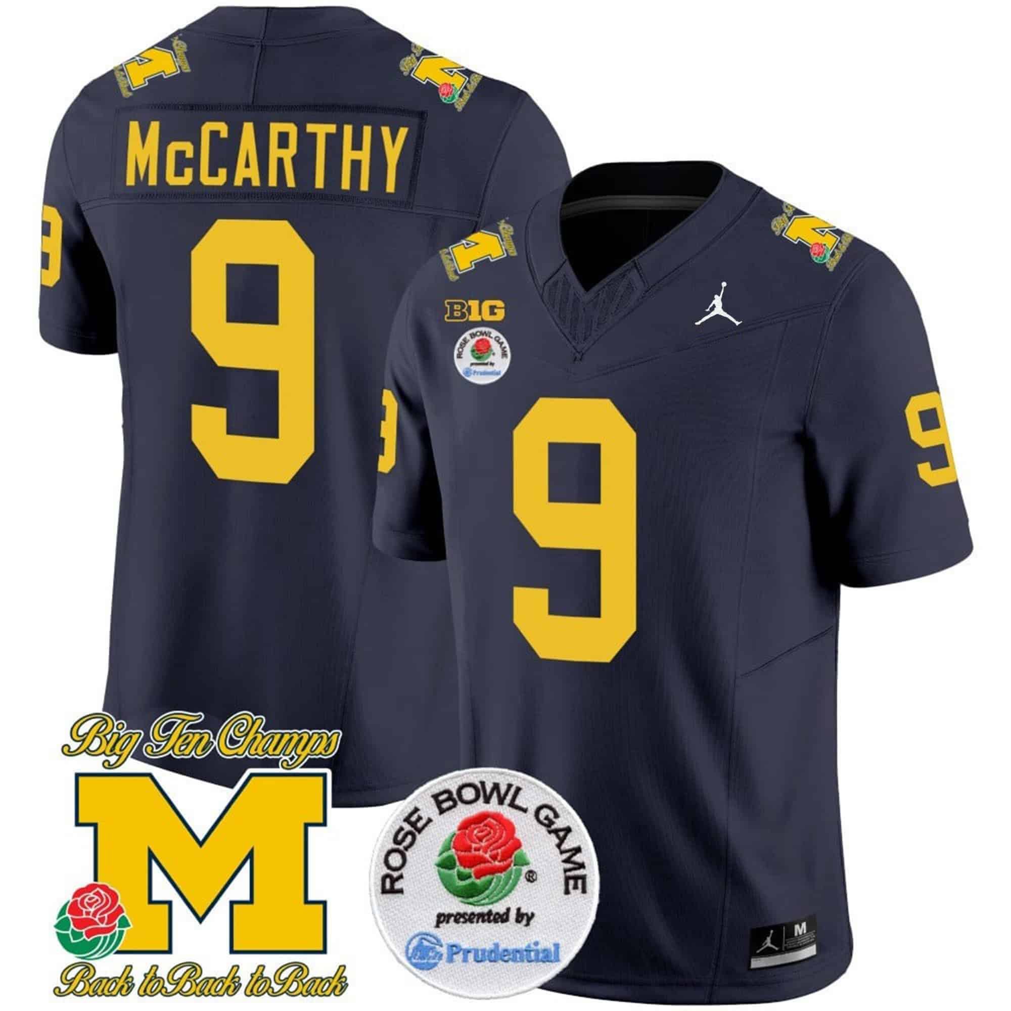 Men Michigan Wolverines #9 Mccarthy Drak Blue 2024 Rose Bowl Patch Vapor Limited NCAA Jersey